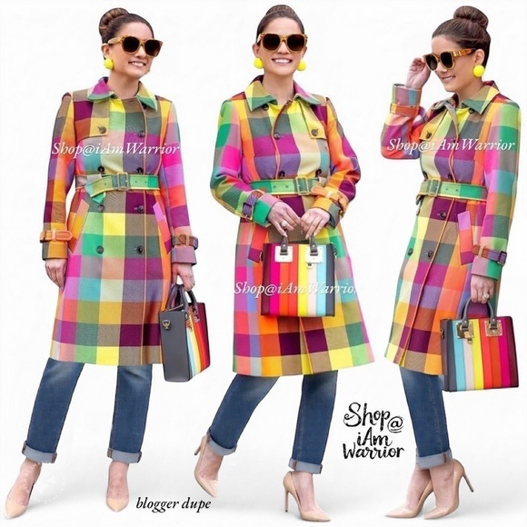 Rainbow checkered NWT double breasted belted trench coat *shop@iamwarrior - Picture 4 of 16